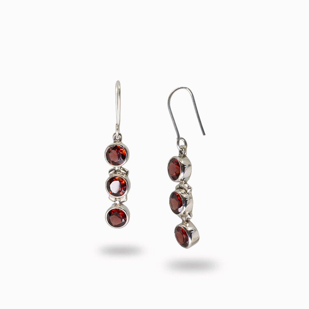 FACETED RED GARNET TRIPLE DROP EARRINGS STERLING SILVER