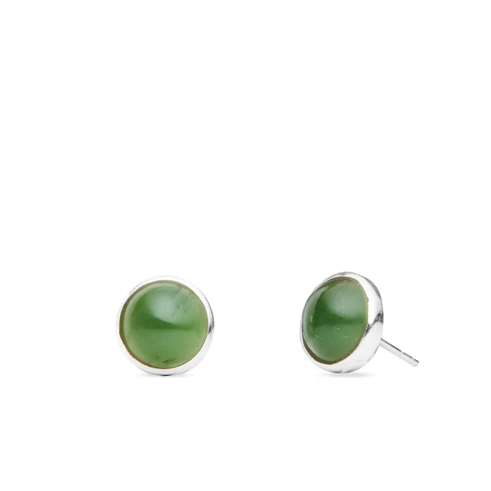 nephrite jade stud earrings sterling silver round cabochon bezel green jade studs