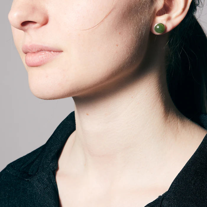 nephrite jade stud earrings sterling silver round cabochon bezel green jade studs