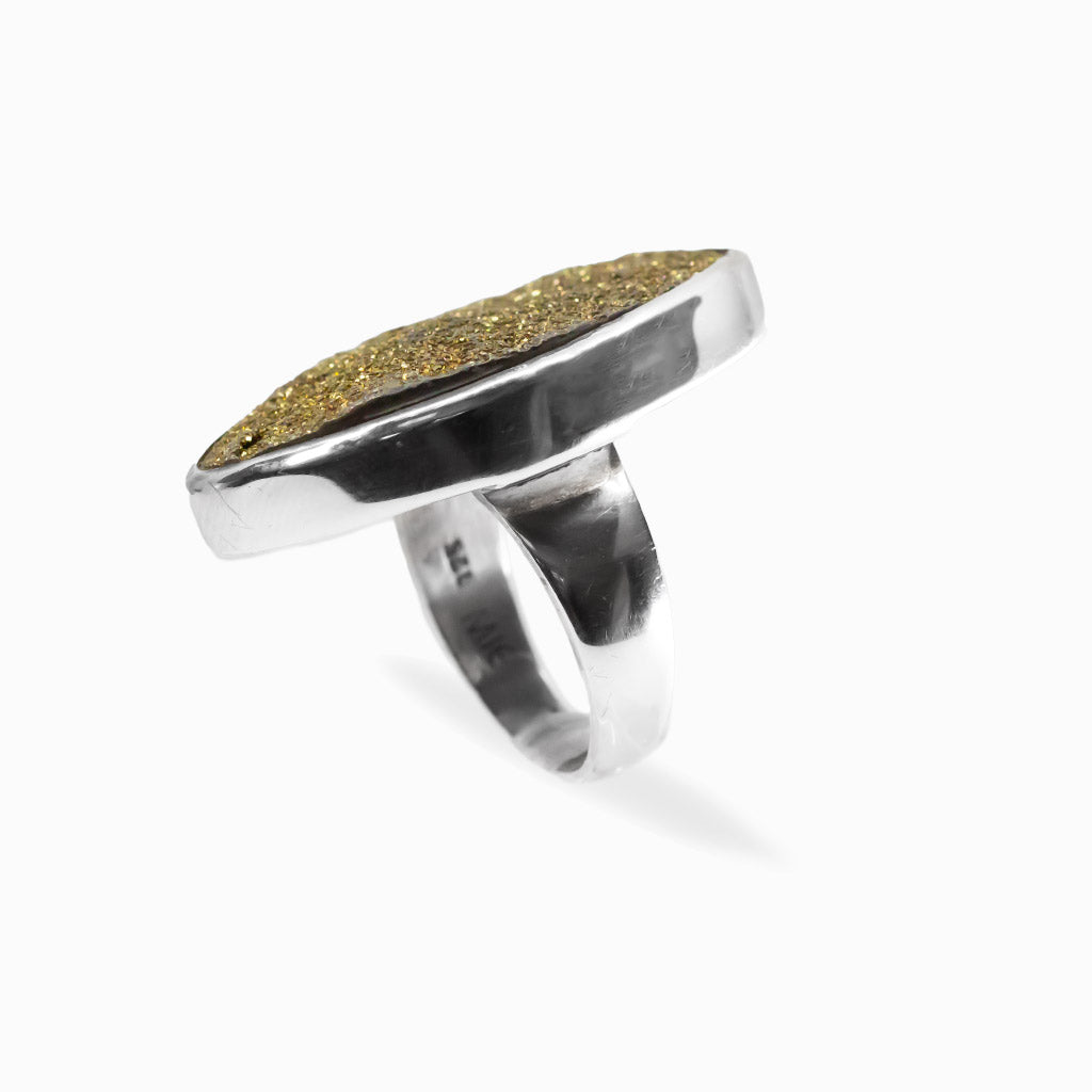Elongated marquise Rainbow Pyrite druzy ring with sparkling gold metallic crystals in polished 925 sterling silver.