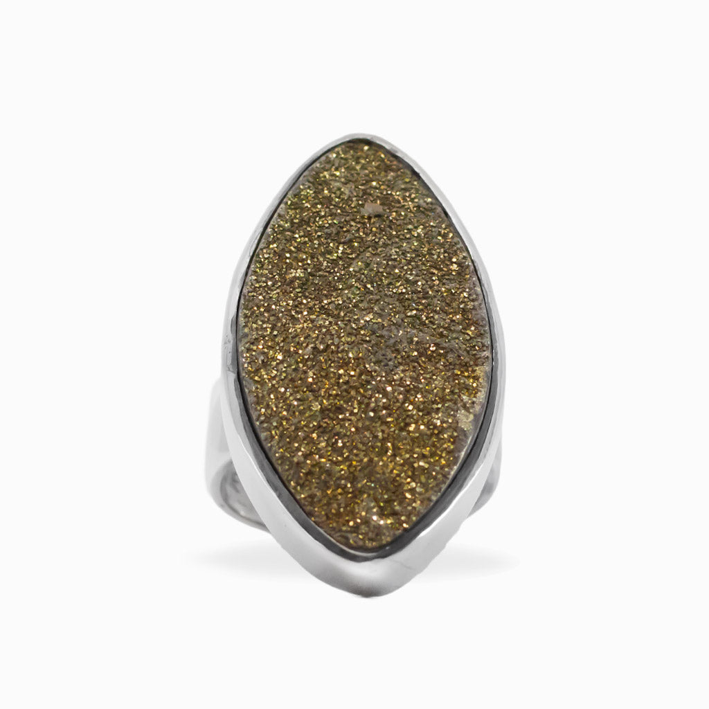 Elongated marquise Rainbow Pyrite druzy ring with sparkling gold metallic crystals in polished 925 sterling silver.