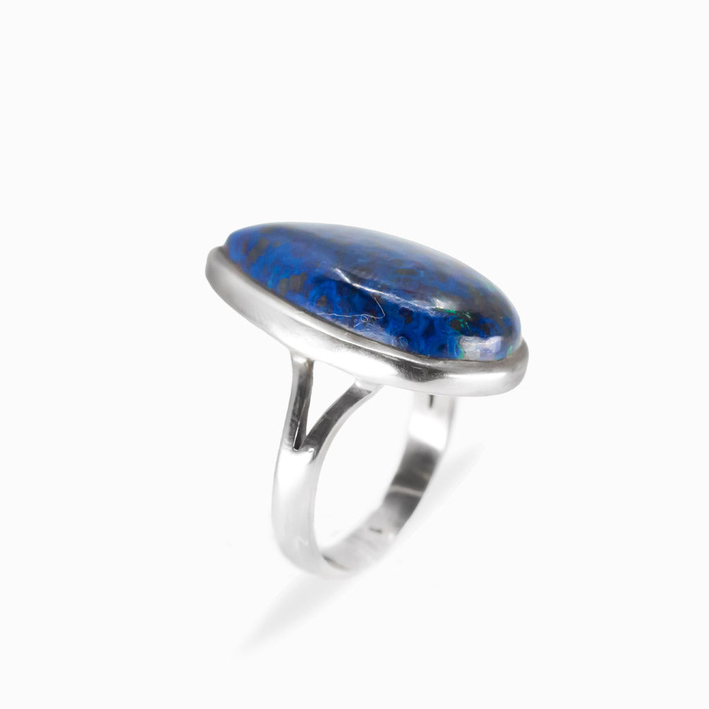 Deep blue teardrop Azurite cabochon ring set in a polished 925 sterling silver bezel.