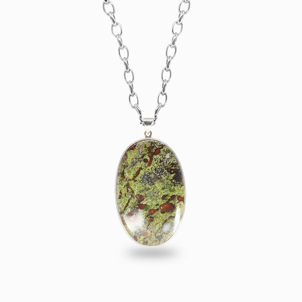 Oval Dragon's Blood Jasper pendant necklace featuring moss green and deep red natural patterns in a sterling silver bezel setting.