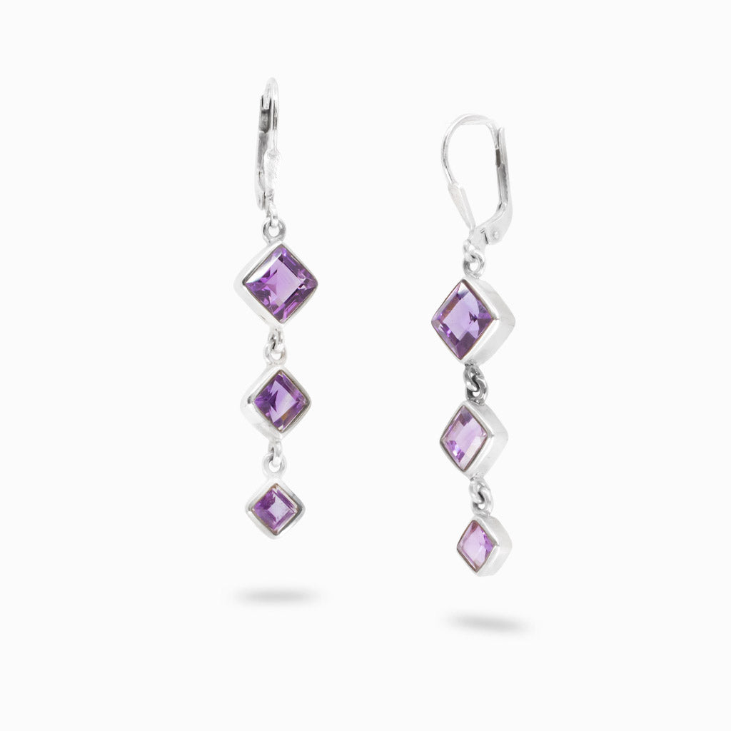 Triple diamond cut amethyst drop earrings in sterling silver