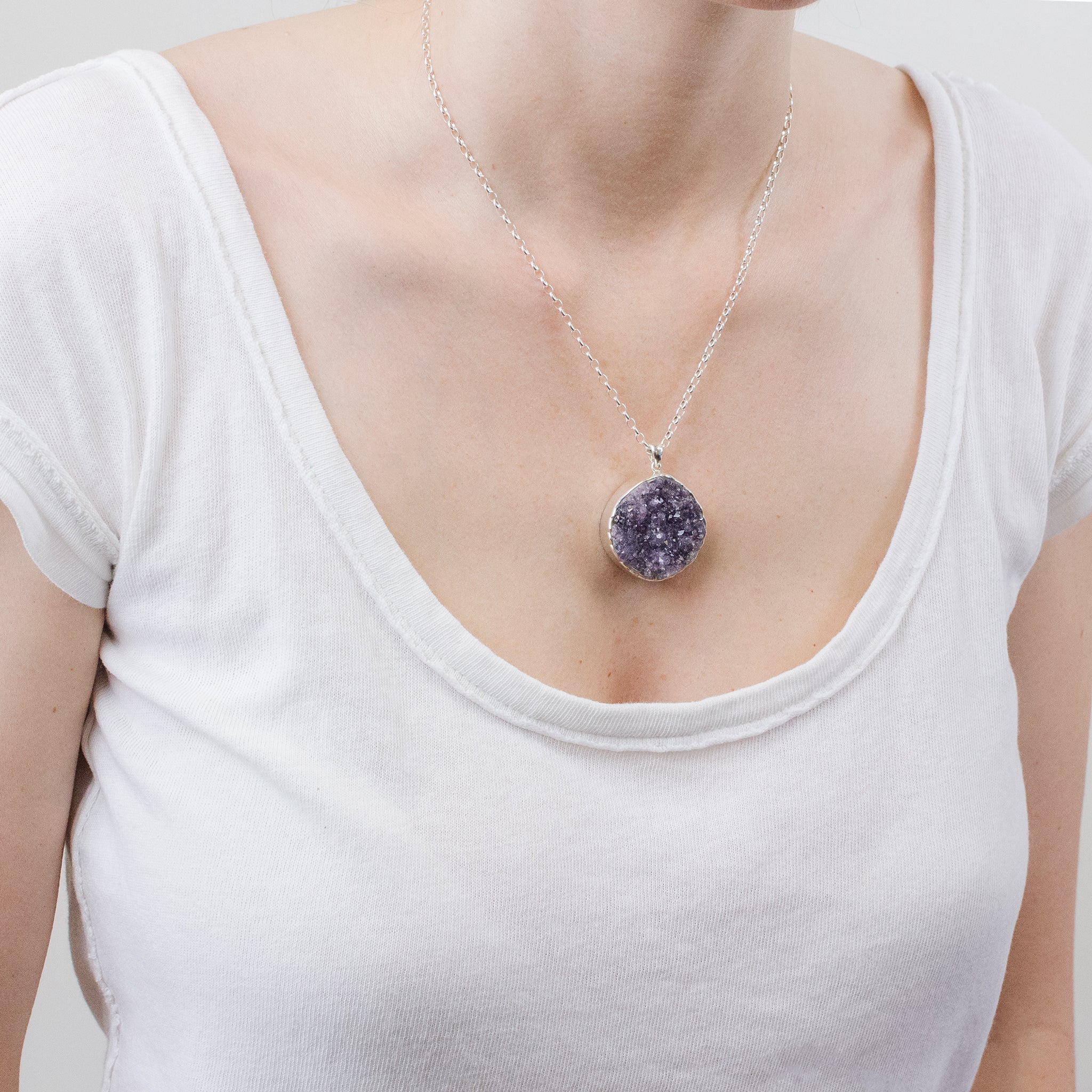 DRUZY AMETHYST NECKLACE ON MODEL
