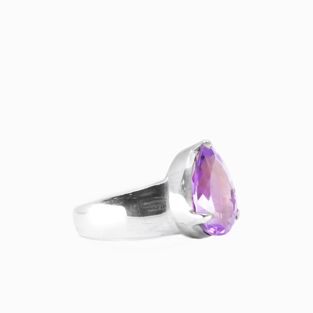 Faceted tear shaped amethyst claw ring in sterling silver