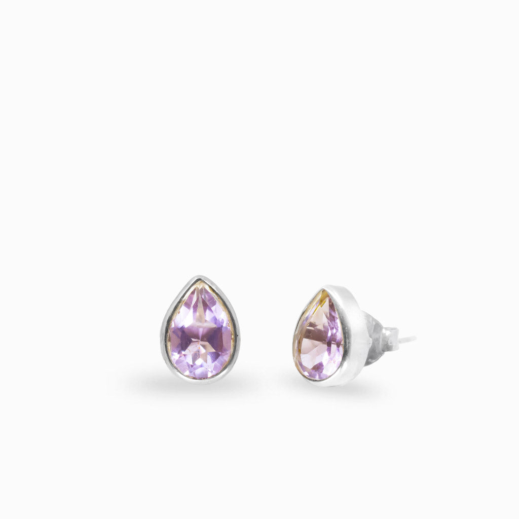 Teardrop amethyst stud earrings in sterling silver bezel