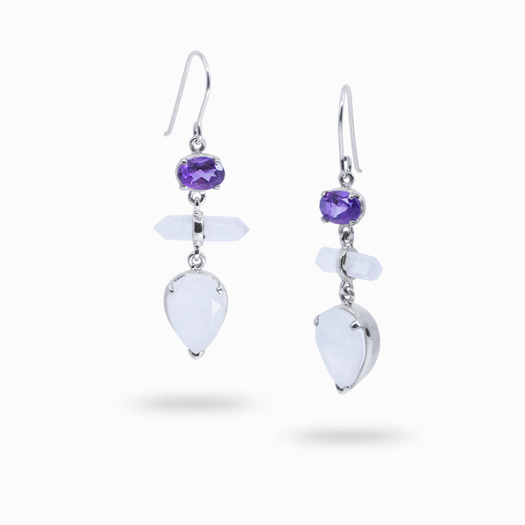 Amethyst, Laser Quartz, & Rainbow Moonstone Drop Earrings