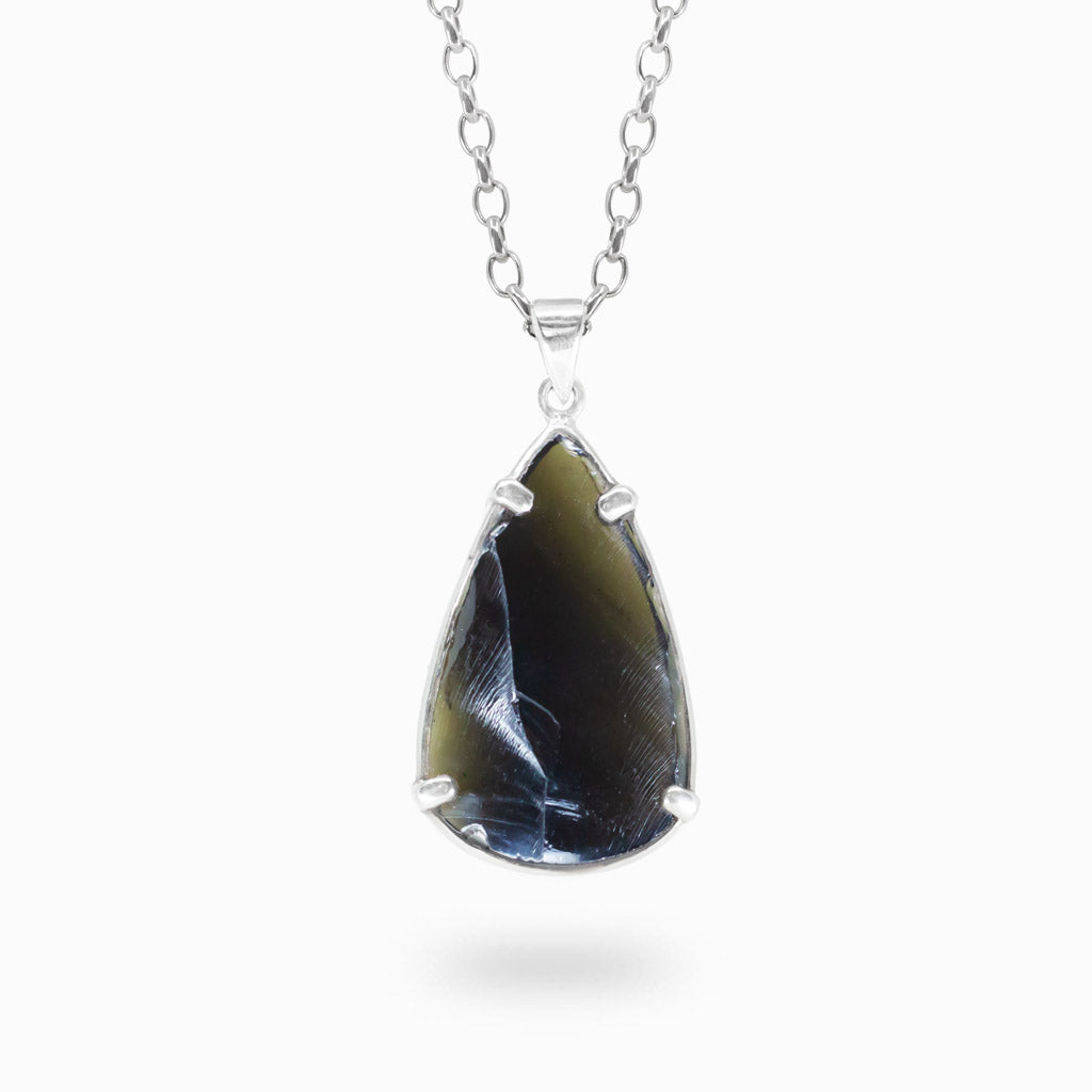 Freeform Apache Obsidian pendant set in polished 925 sterling silver on a silver chain.