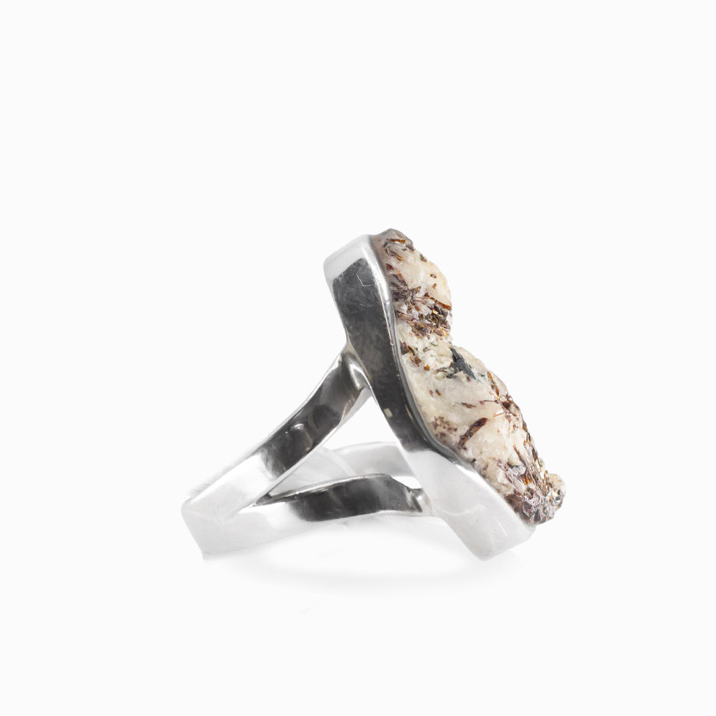 Freeform Astrophyllite gemstone ring with natural bronze inclusions in sterling silver.