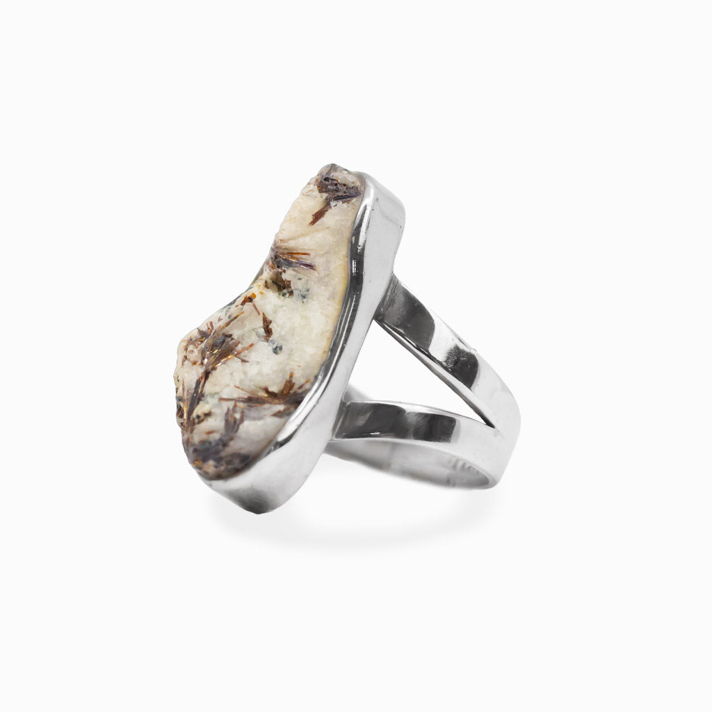 Freeform Astrophyllite gemstone ring with natural bronze inclusions in sterling silver.