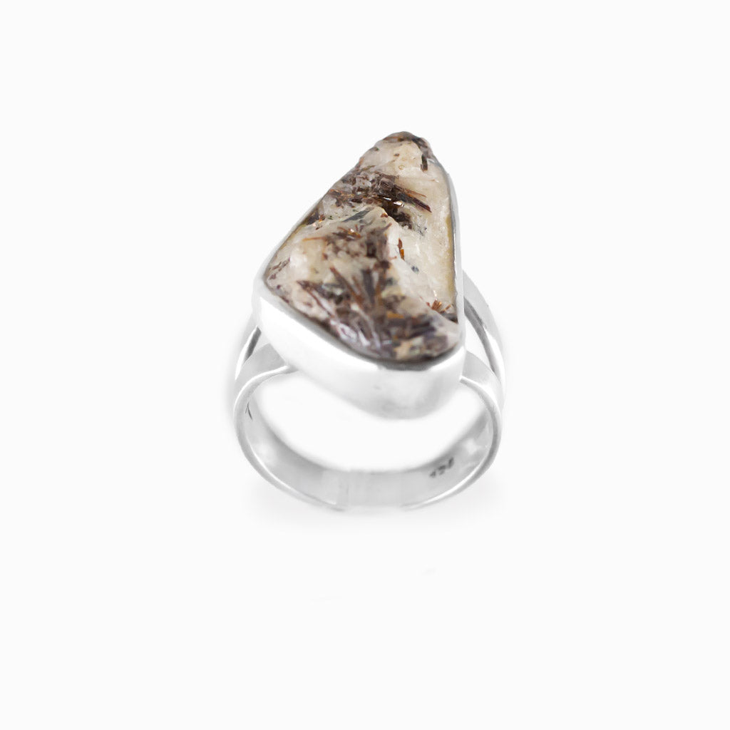 Freeform Astrophyllite gemstone ring with natural bronze inclusions in sterling silver.
