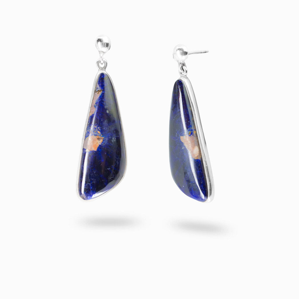 Sterling silver stud drop earrings featuring natural Azurite cabochon gemstones.