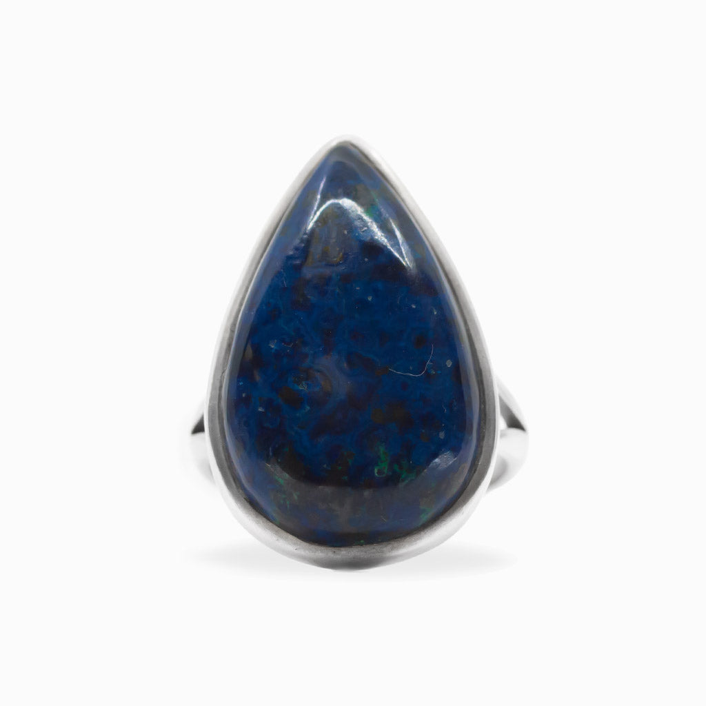 Deep blue teardrop Azurite cabochon ring set in a polished 925 sterling silver bezel.