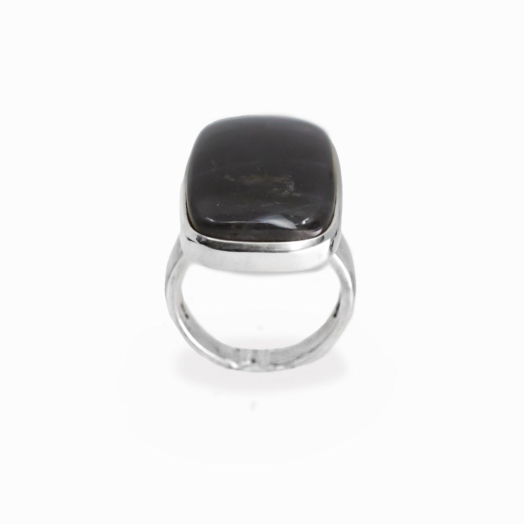Spectralite Labradorite rectangular cabochon ring in polished sterling silver displaying an intense electric blue natural flash.