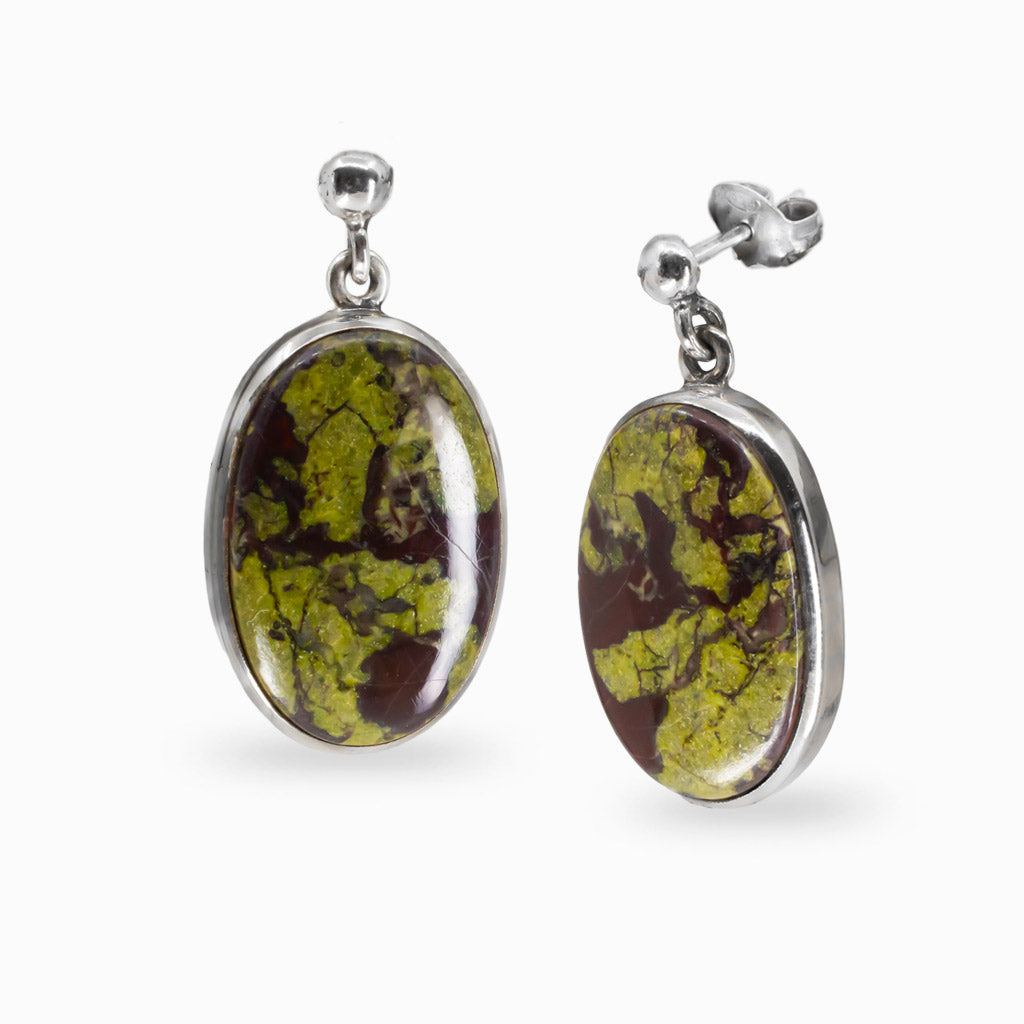 CABOCHON OVAL DRAGONS BLOOD JASPER STERLING SILVER STUD DROP EARRINGS | MADE IN EARTH