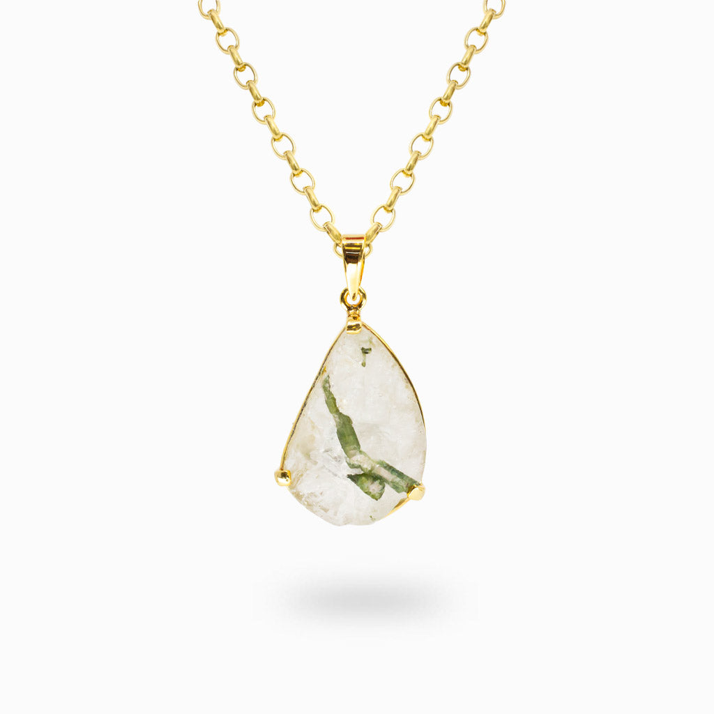 Natural teardrop Green Tourmaline in Quartz pendant with polished 14K gold vermeil prong setting.