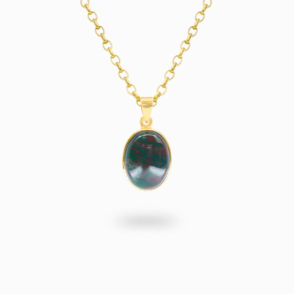 Oval Bloodstone cabochon pendant with deep green and natural red markings set in 14K gold vermeil.