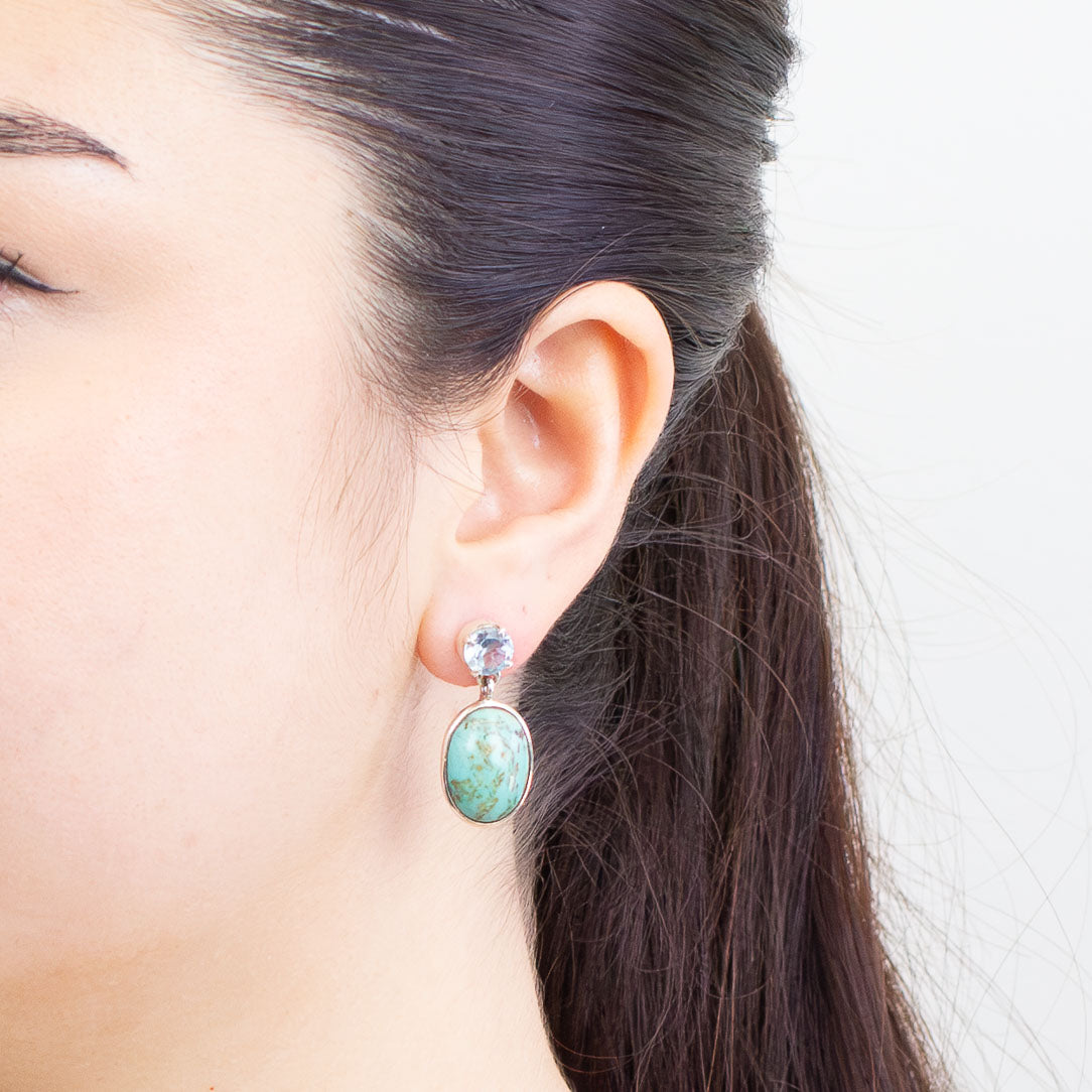 FACETED ROUND BLUE TOPAZ AND CAMPO TURQUOISE OVAL CABOCHON STUD DROP EARRINGS STERLING SILVER | MADE IN EARTH