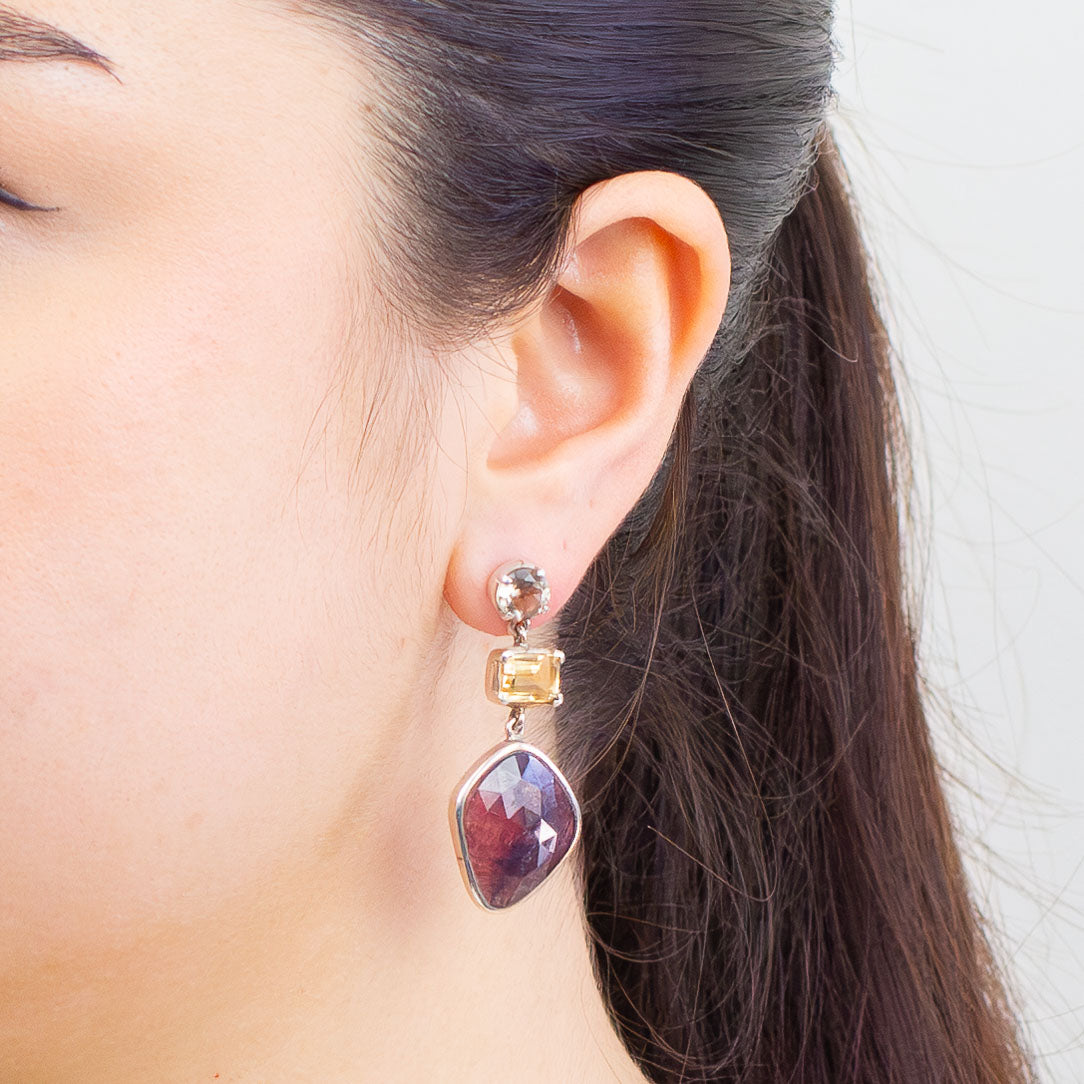 FACETED MULTISTONE FACETED SMOKEY QUARTZ CITRINE AND SAPPHIRE STUD DROP EARRINGS STERLING SILVER | MADE IN EARTH