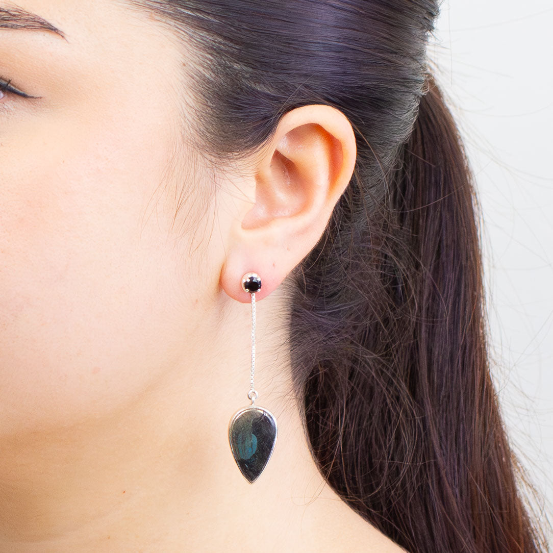 CABACHON TEARDROP APACHE GOLD AND ONYX STUD SET STERLING SILVER | MADE IN EARTH