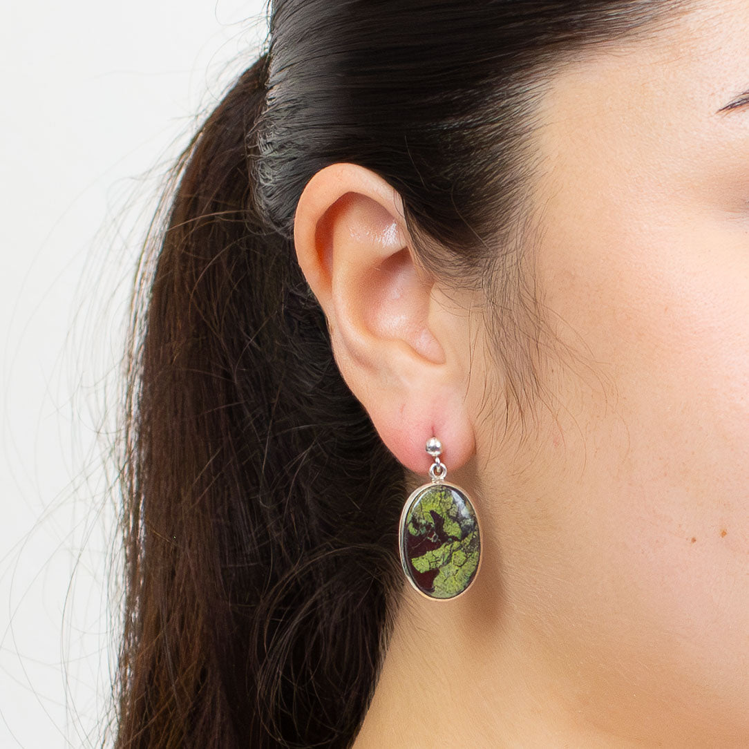 CABOCHON OVAL DRAGONS BLOOD JASPER STERLING SILVER STUD DROP EARRINGS | MADE IN EARTH