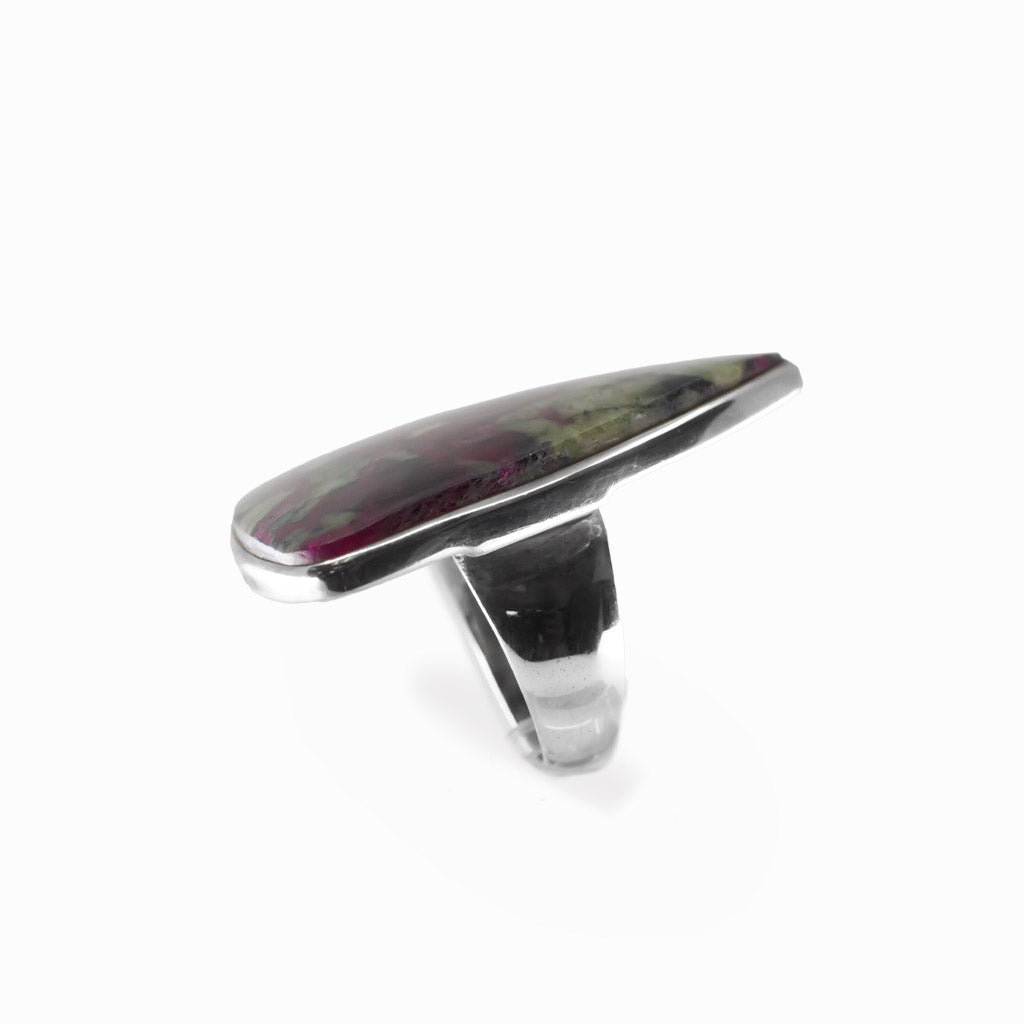 Eudialyte triangular cabochon ring in polished sterling silver with vivid raspberry pink, green and dark natural mineral patterning.