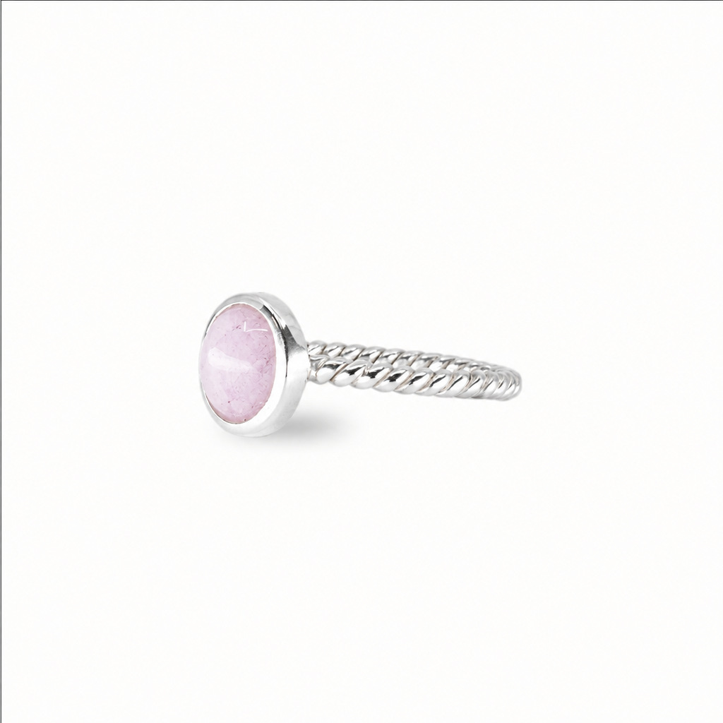 Pink kunzite ring set in sterling silver with soft blush tones