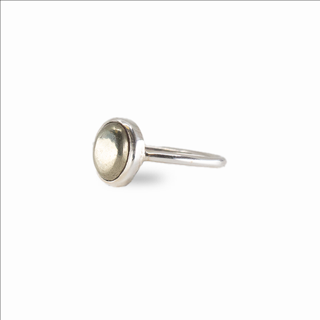 Oval pyrite ring with natural golden metallic crystal set in sterling silver