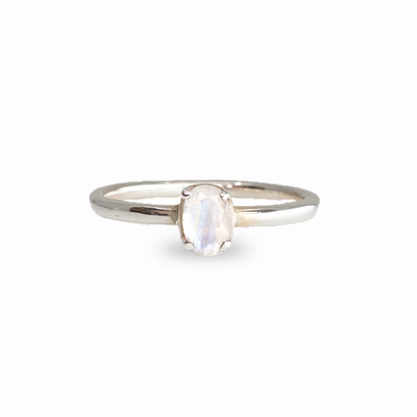 Rainbow moonstone ring with blue flash set in sterling silver band