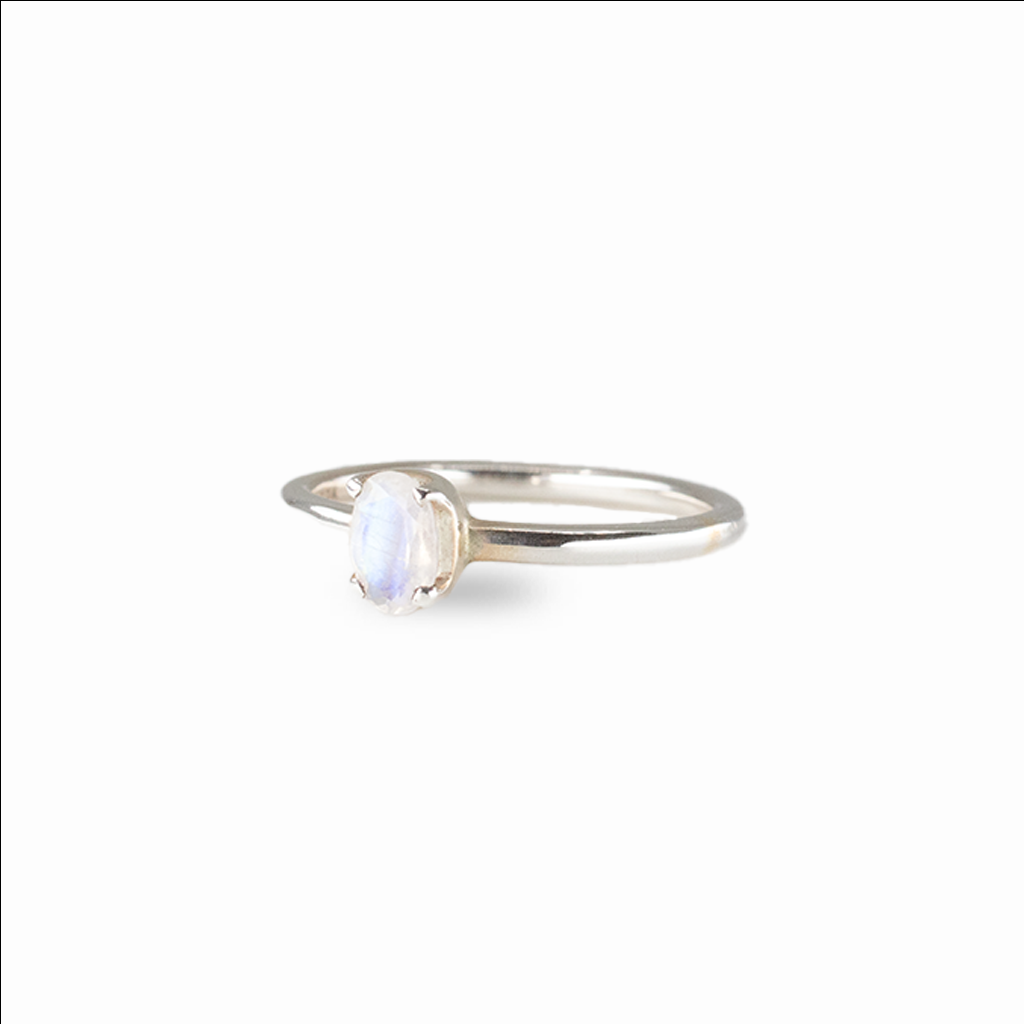 Rainbow moonstone ring with blue flash set in sterling silver band