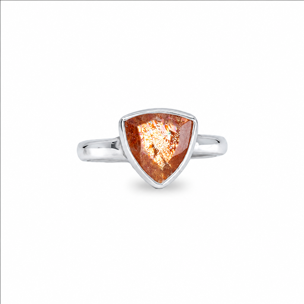 Triangle sunstone ring with warm golden shimmer set in sterling silver