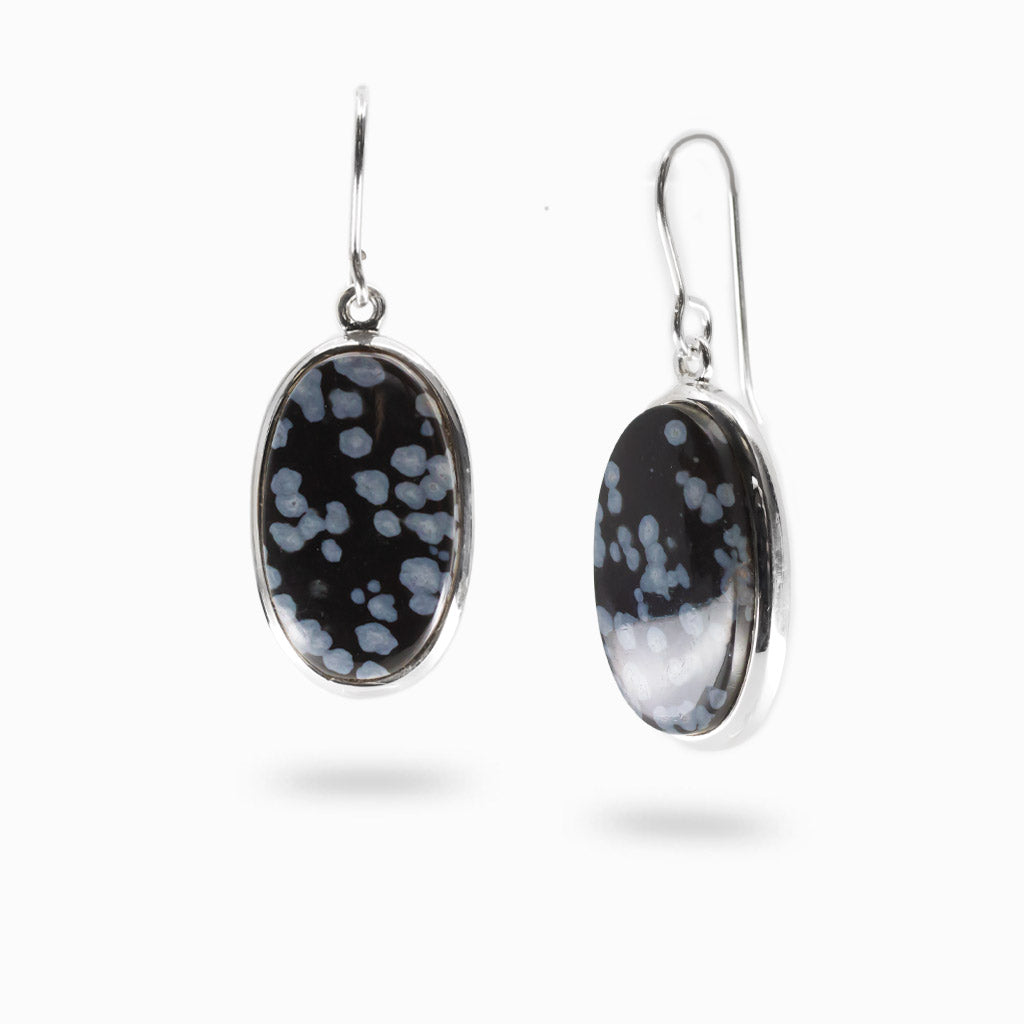 Classic oval Snowflake Obsidian sterling silver drop earrings with natural gray inclusions.