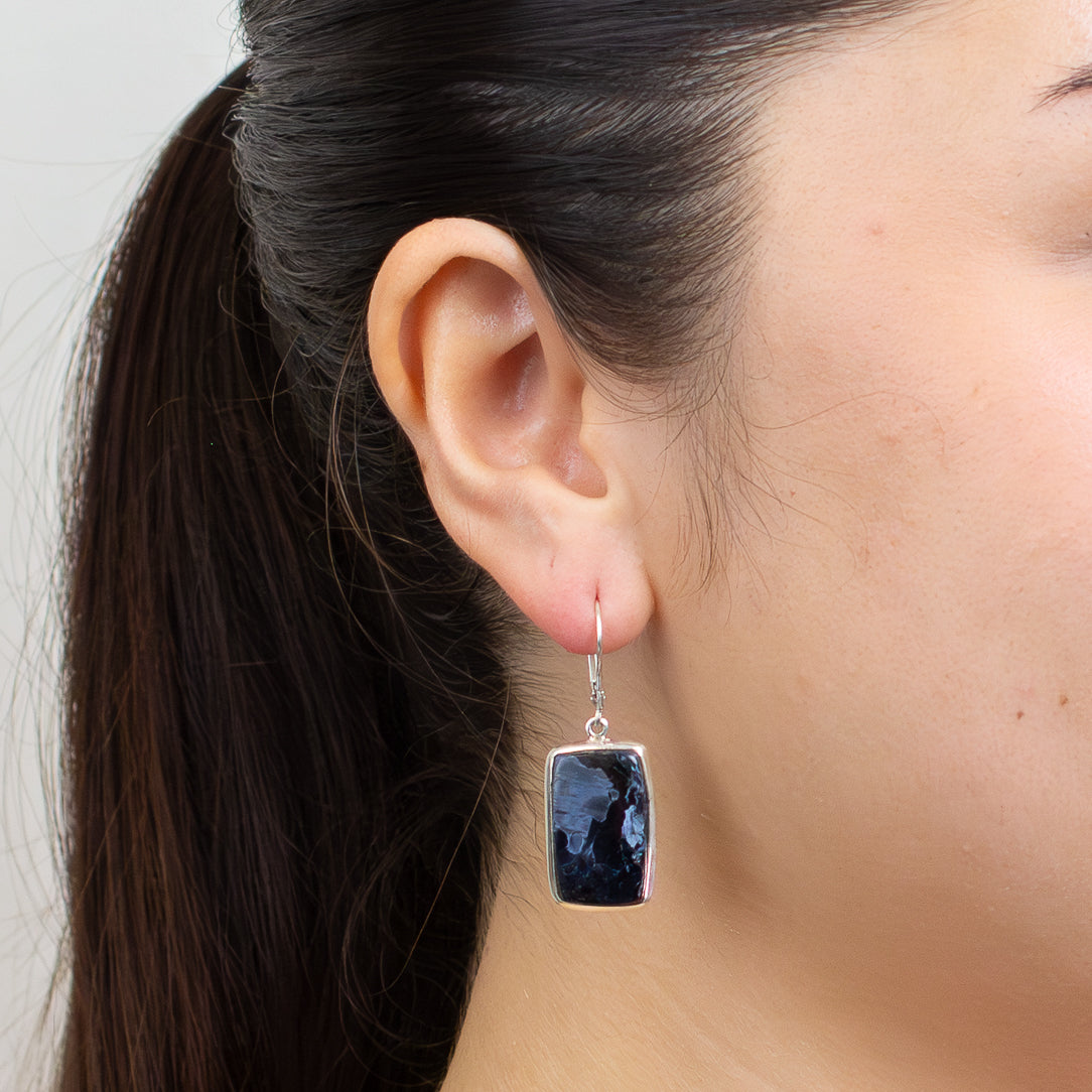 Rectangle pietersite cabochon earrings with stormy blue, charcoal, and bronze swirls set in sterling silver. | MADE IN EARTH