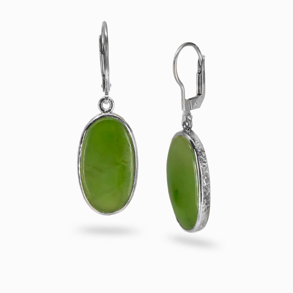 Oval nephrite jade cabochon earrings in deep green set in sterling silver with lever-back hooks. | MADE IN EARTH