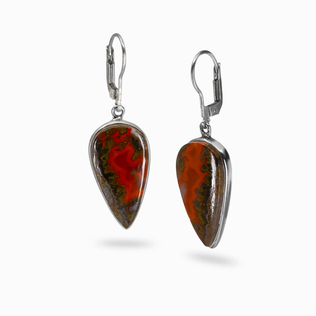 Moroccan seam agate teardrop cabochon earrings in red and brown tones set in sterling silver lever-back hooks. | MADE IN EARTH