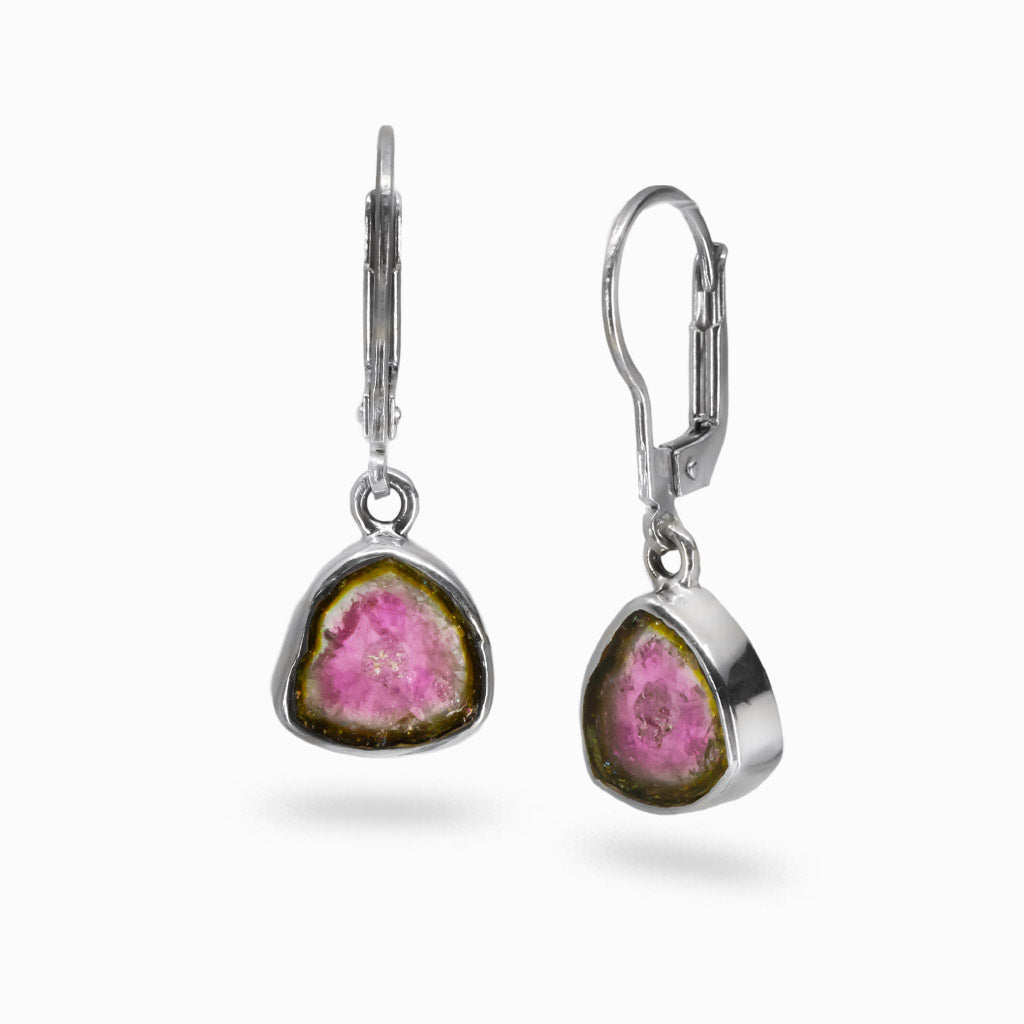 Watermelon tourmaline slice earrings with green borders and pink centers set in sterling silver lever-back hooks. | MADE IN EARTH