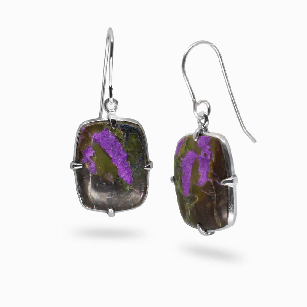 Rectangular Serpentine Stichtite earrings with purple and green natural stone set in sterling silver hooks