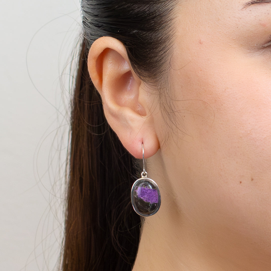 Oval Serpentine Stichtite cabochon earrings with purple and green natural stone set in sterling silver drop hooks