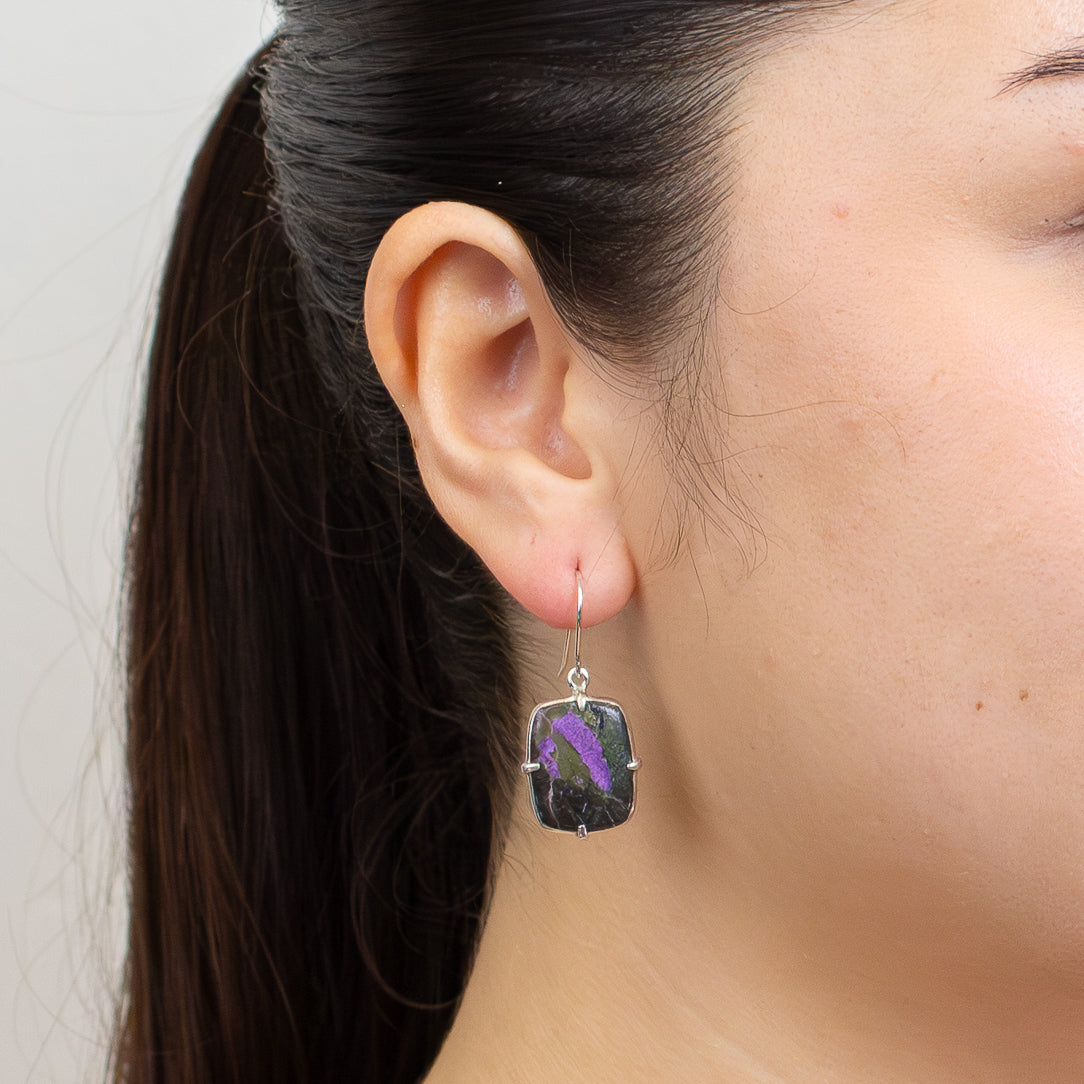 Rectangular Serpentine Stichtite earrings with purple and green natural stone set in sterling silver hooks