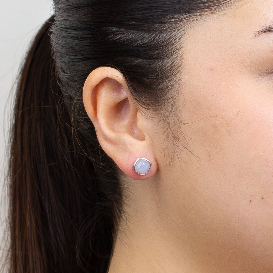 CABOCHON SQUARE BLUE LACE AGATE STUD STERLING SILVER EARRINGS