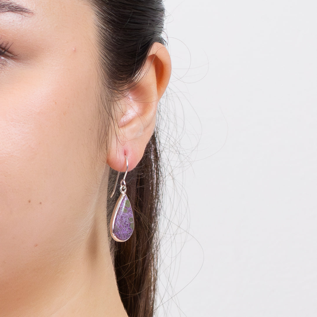 Purpurite teardrop earrings in sterling silver with purple and olive-green natural patterns. | MADE IN EARTH
