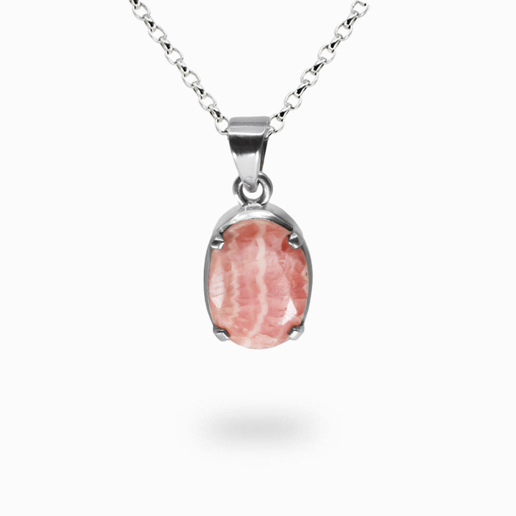 Oval rhodochrosite necklace with pink banded gemstone set in sterling silver. | MADE IN EARTH