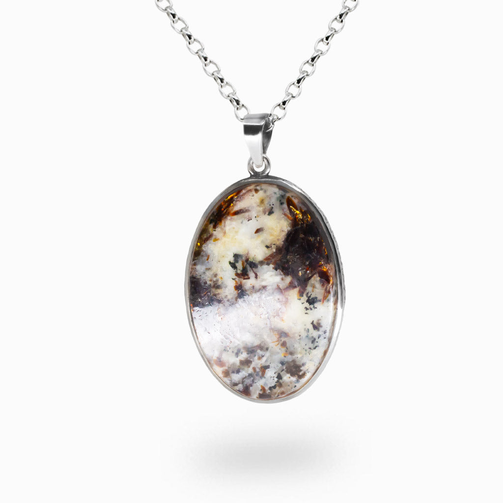 Oval Astrophyllite crystal necklace in sterling silver with bronze blades in white stone matrix. | MADE IN EARTH