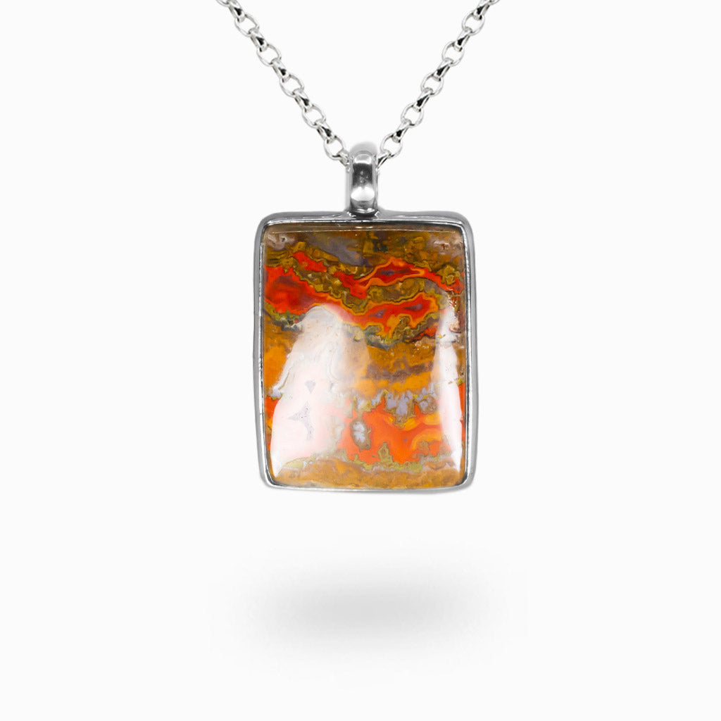 Rectangle Moroccan Seam Agate necklace in sterling silver with red, amber, and cream banded stone.| MADE IN EARTH