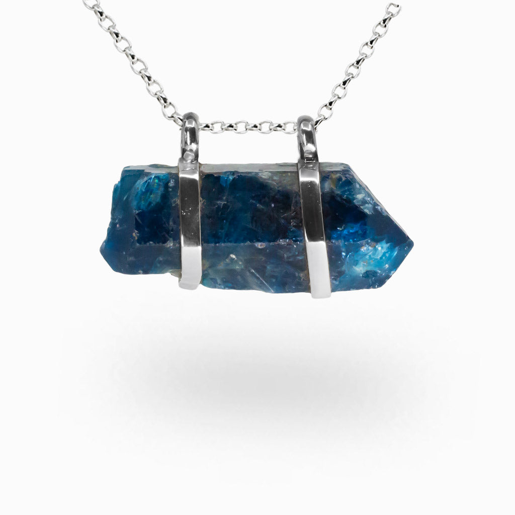 Raw blue Apatite pencil crystal necklace in sterling silver prong setting.| MADE IN EARTH
