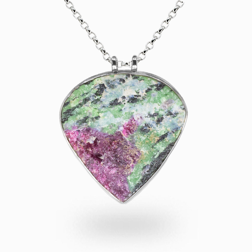 Ruby Zoisite heart-shaped crystal necklace with green zoisite and natural pink ruby set in sterling silver.| MADE IN EARTH