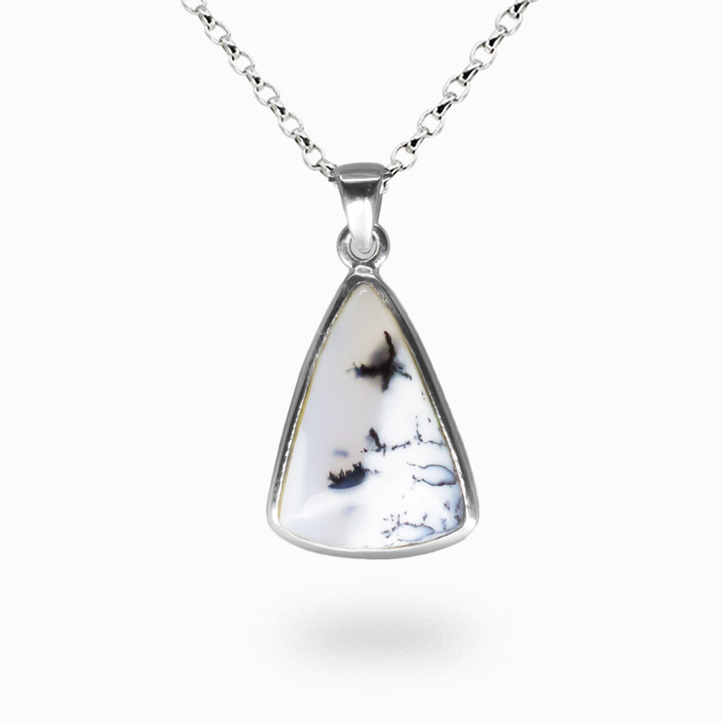 Triangle shaped Dendritic Opal cabochon necklace with white opal and black fern-like inclusions set in sterling silver bezel
