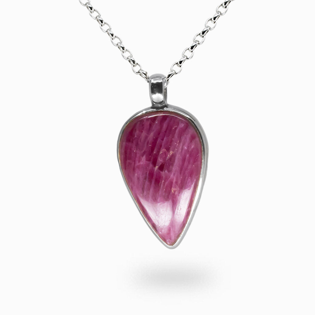 Teardrop cabochon ruby necklace with deep crimson gemstone set in sterling silver