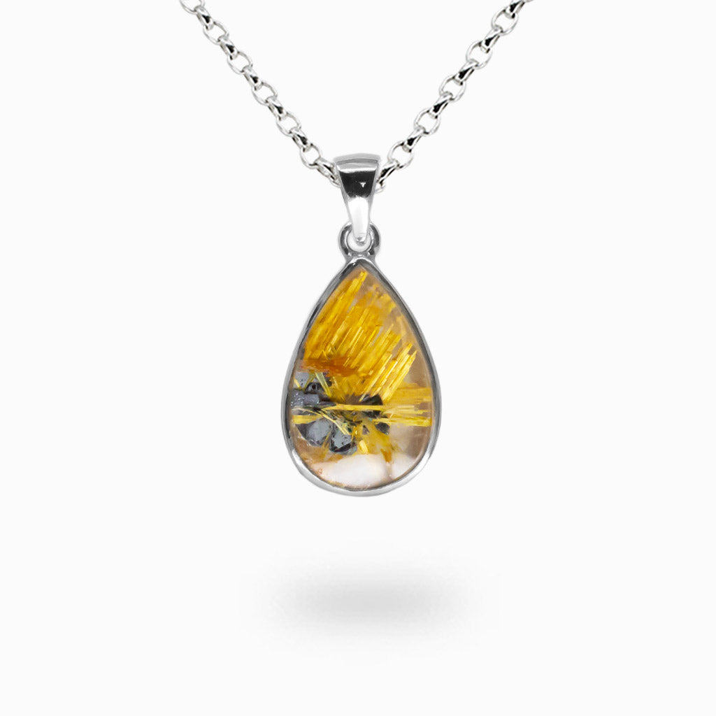 Raw teardrop Rutilated Quartz necklace with golden rutile needles and metallic Hematite set in sterling silver